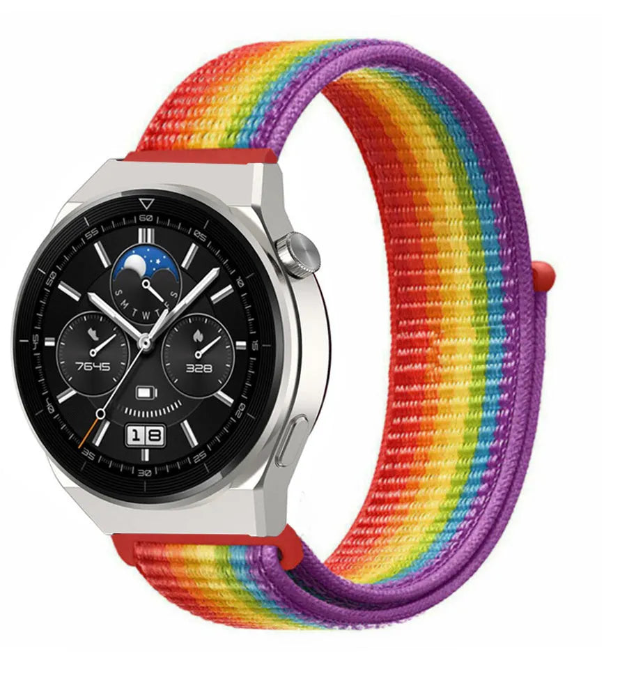 Nylon Strap, rainbow, on a watch, 3/4 front view