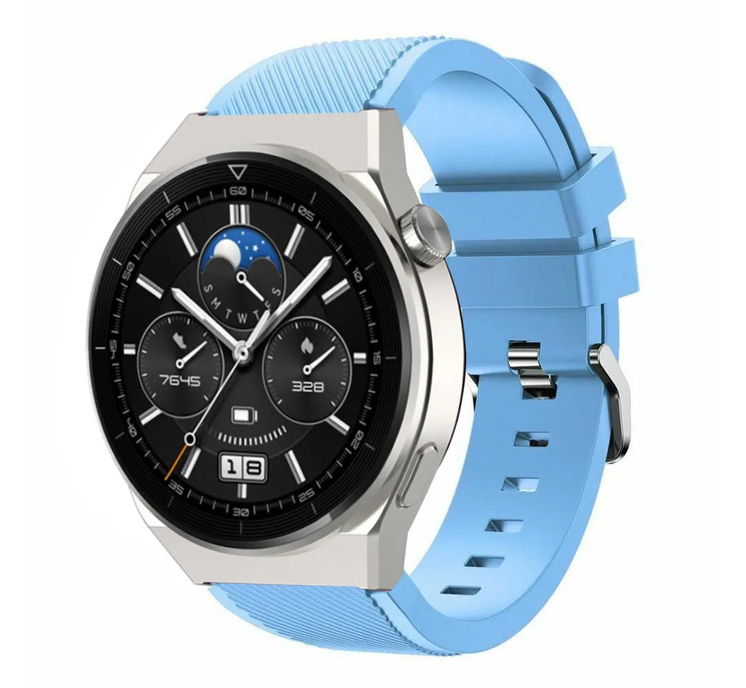Twill Silicone Strap, sand blue, on a watch, 3/4 front view