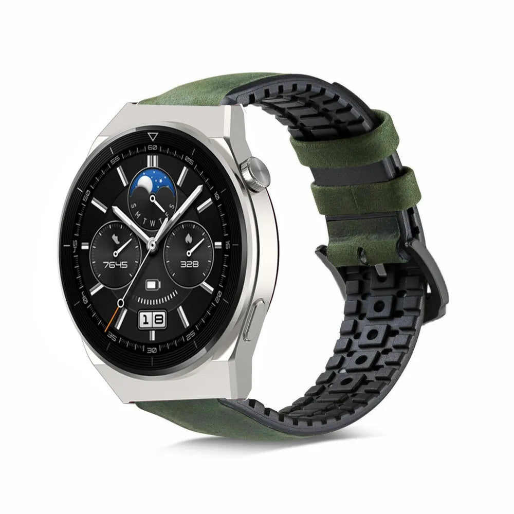 Leather Hybrid Strap, black/green, on a watch, 3/4 front view