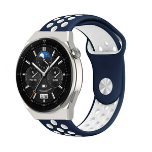 Silicone Sport Strap, blue/white, on a watch, 3/4 front view