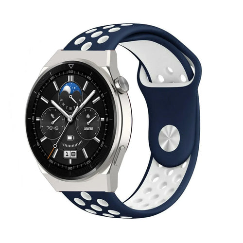 Silicone Sport Strap, blue/white, on a watch, 3/4 front view