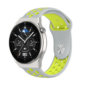 Silicone Sport Strap, grey/yellow, on a watch, 3/4 front view