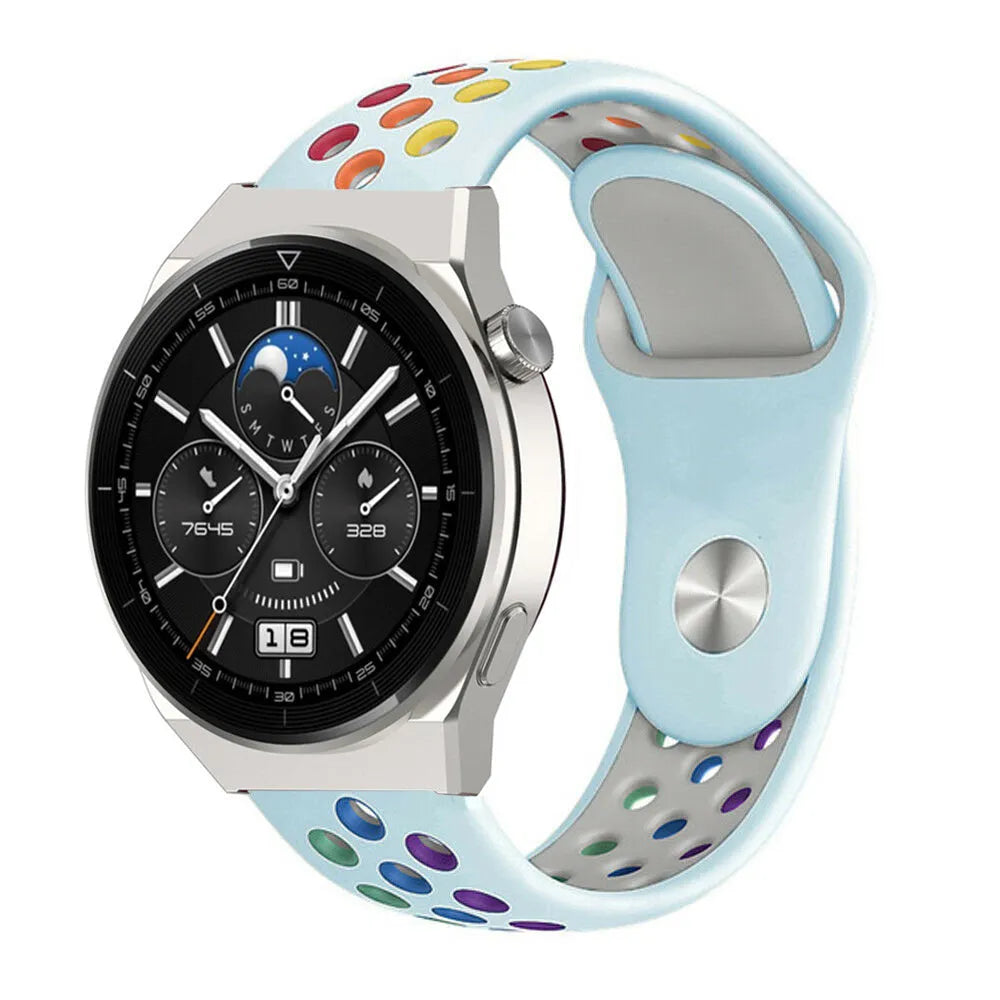 Silicone Sport Strap, light blue/colourful, on a watch, 3/4 front view