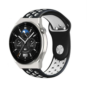 Silicone Sport Strap, black/white, on a watch, 3/4 front view