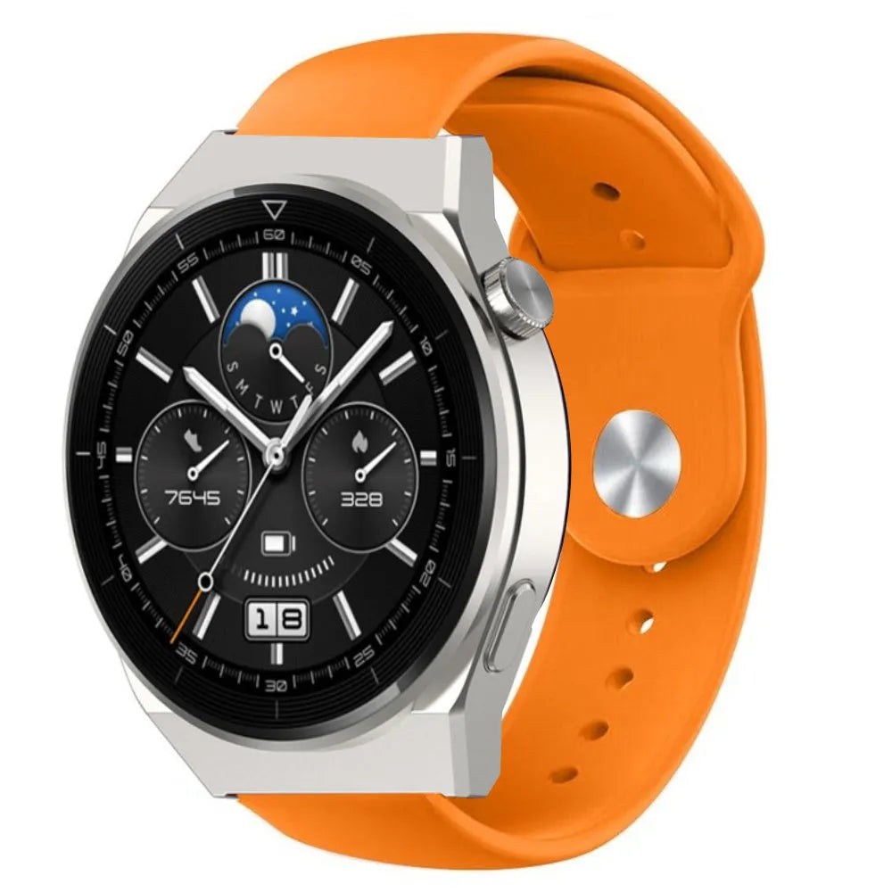 Silicone Sport Strap, orange, on a watch, 3/4 front view