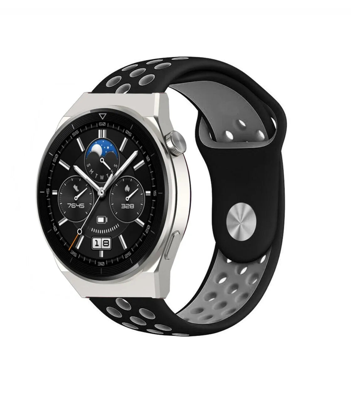 Silicone Sport Strap, black/grey, on a watch, 3/4 front view