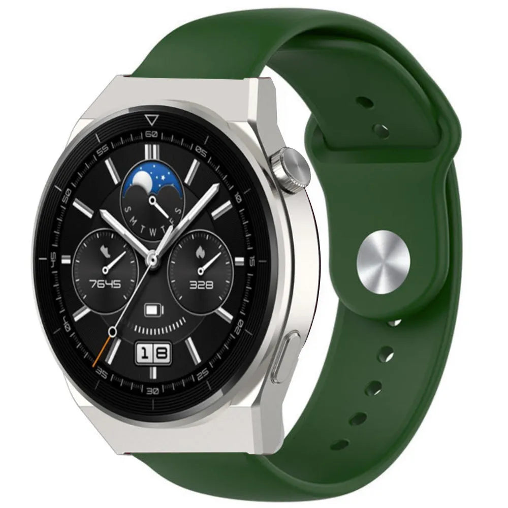 Silicone Sport Strap, army green, on a watch, 3/4 front view
