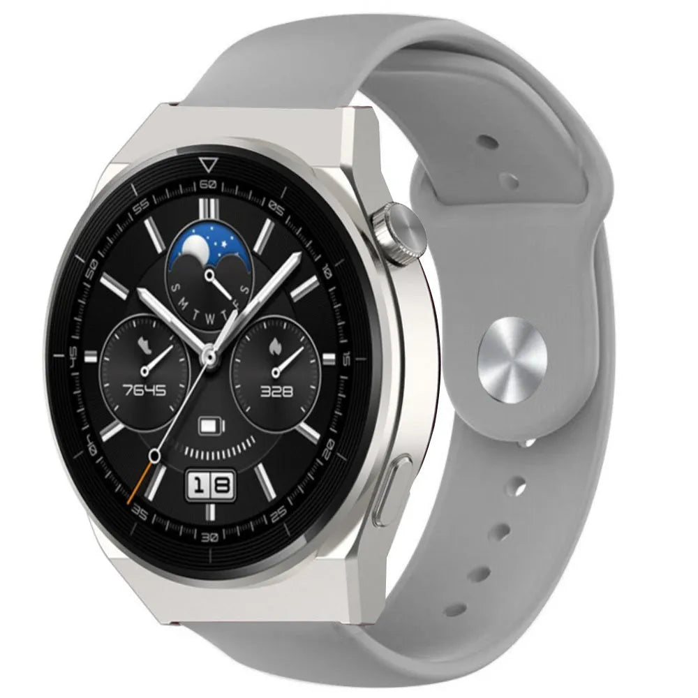 Silicone Sport Strap, grey, on a watch, 3/4 front view