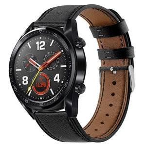 Modern Leather Strap, black, on a watch, 3/4 front view