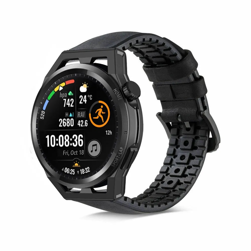 Leather Hybrid Strap, black, on a watch, 3/4 front view