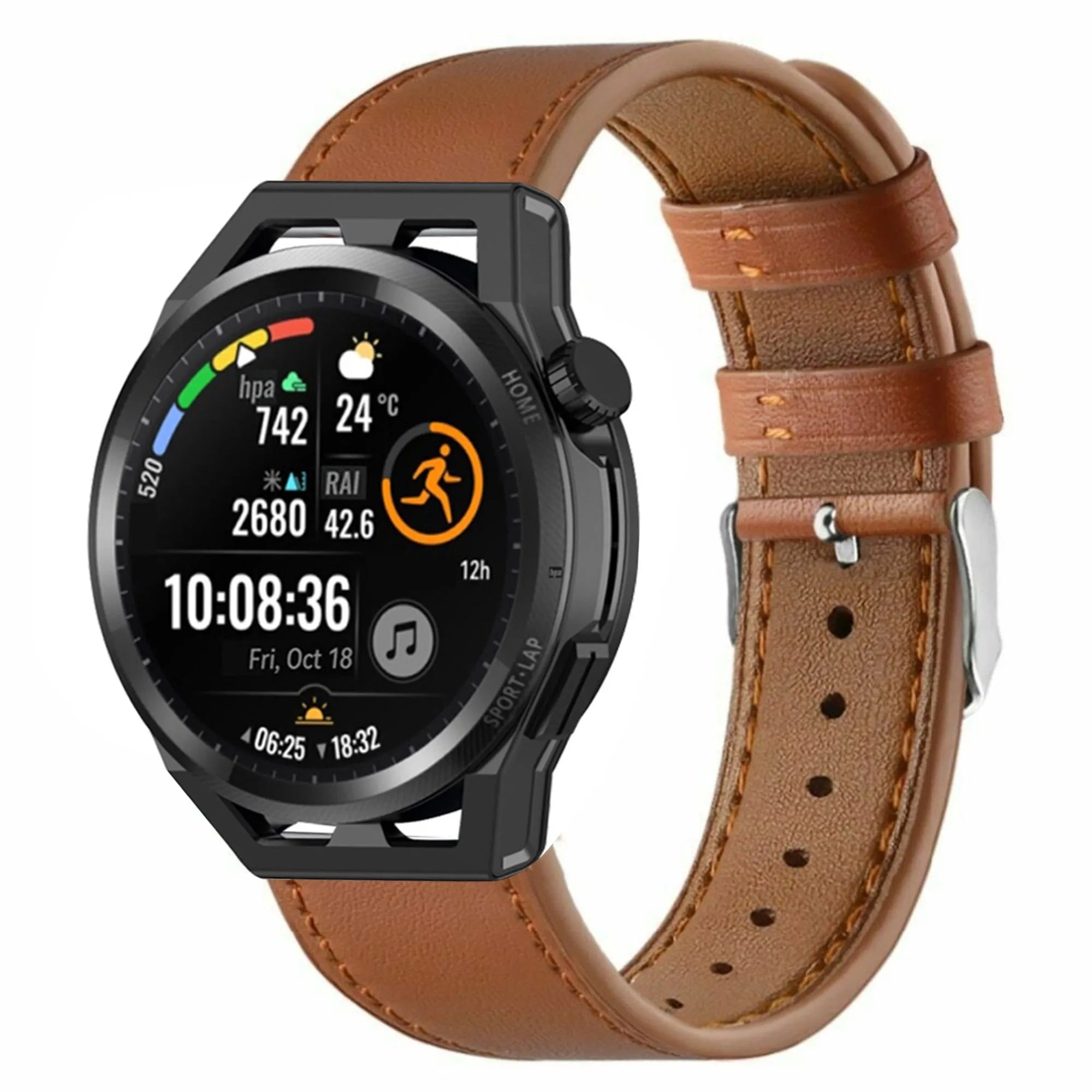 Modern Leather Strap, brown, on a watch, 3/4 front view