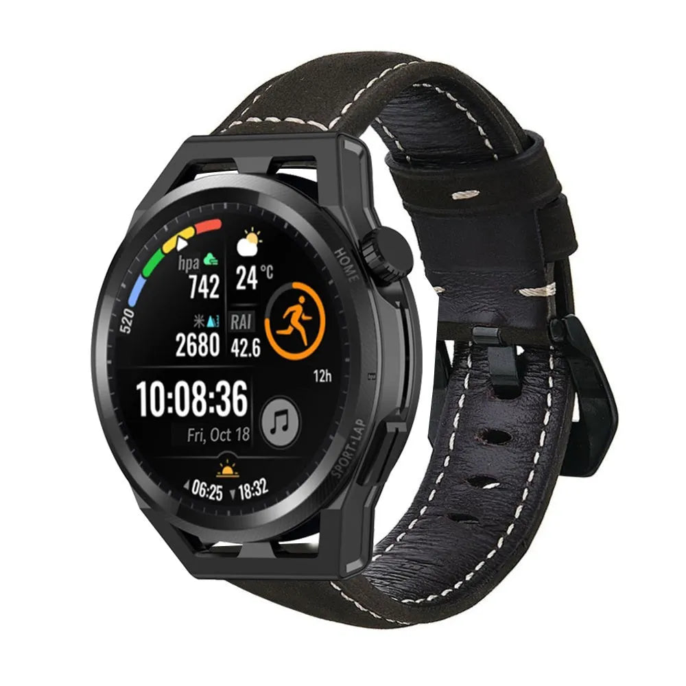 Leather Strap, black, on a watch, 3/4 front view