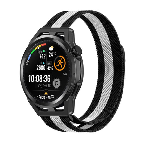 Milanese Strap, black/white, on a watch, 3/4 front view