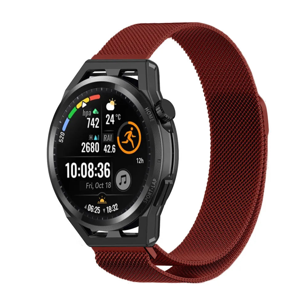 Milanese Strap, red, on a watch, 3/4 front view