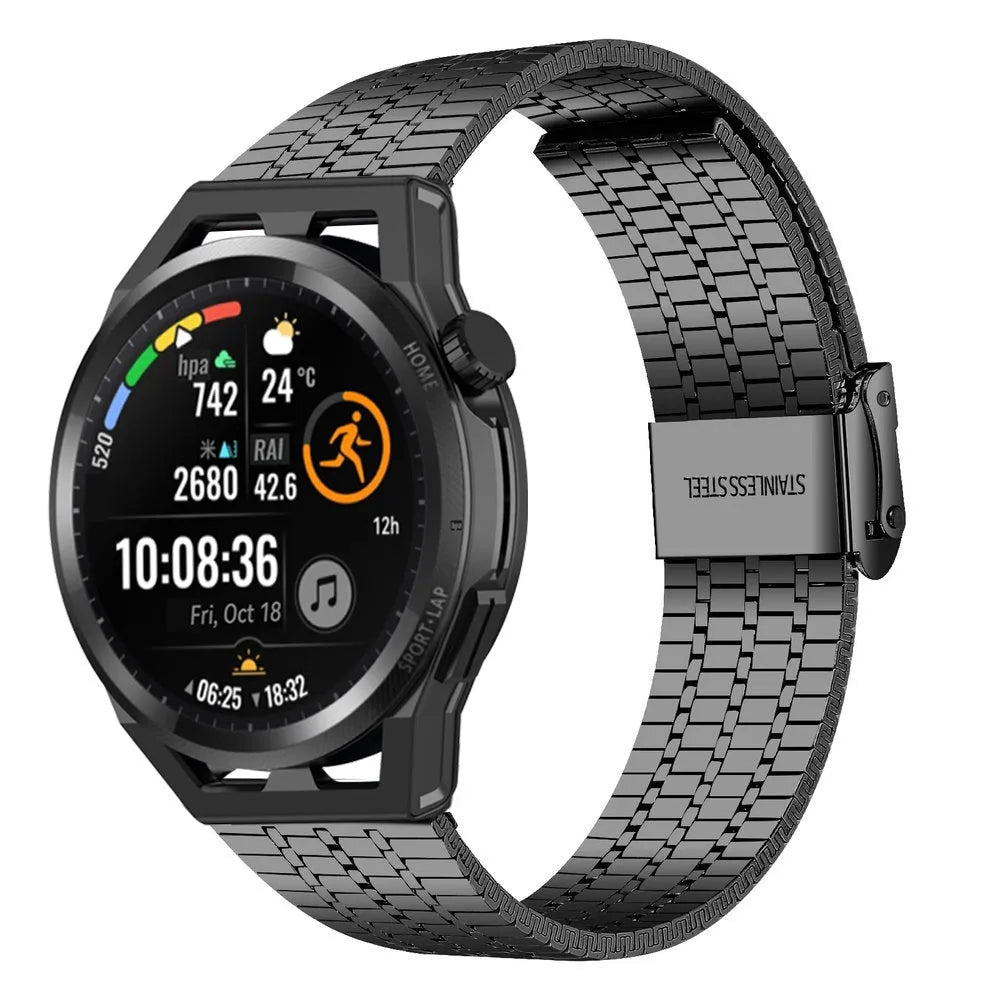 Fine Steel Strap, black, on a watch, 3/4 front view