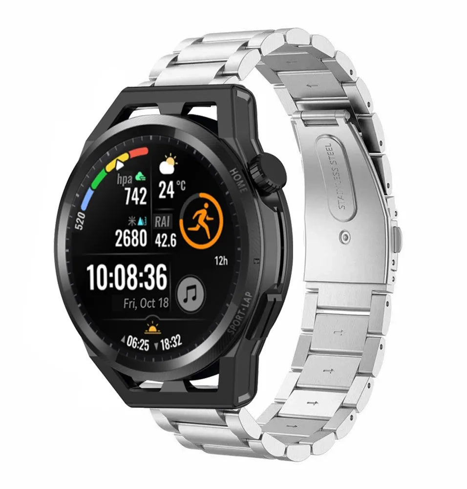 Steel Strap, silver, on a watch, 3/4 front view