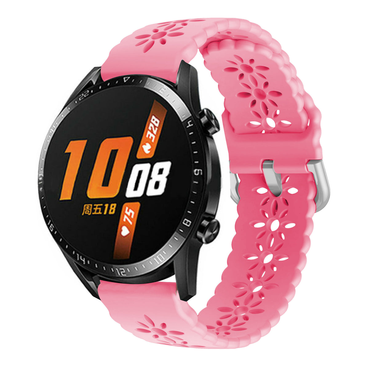 Patterned Silicone Strap, bright pink, on a watch, 3/4 front view