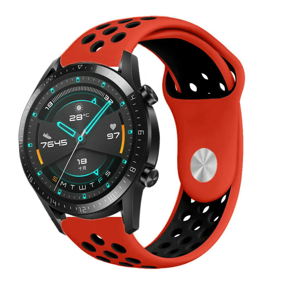 Silicone Sport Strap, red/black, on a watch, 3/4 front view