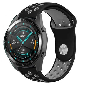 Silicone Sport Strap, black/grey, on a watch, 3/4 front view