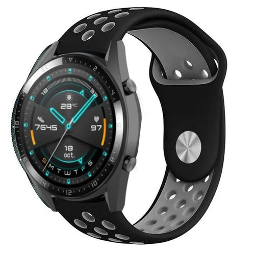 Silicone Sport Strap, black/grey, on a watch, 3/4 front view