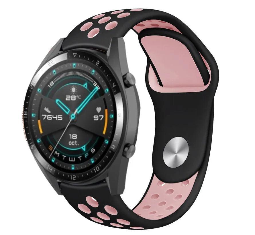 Silicone Sport Strap, black/pink, on a watch, 3/4 front view