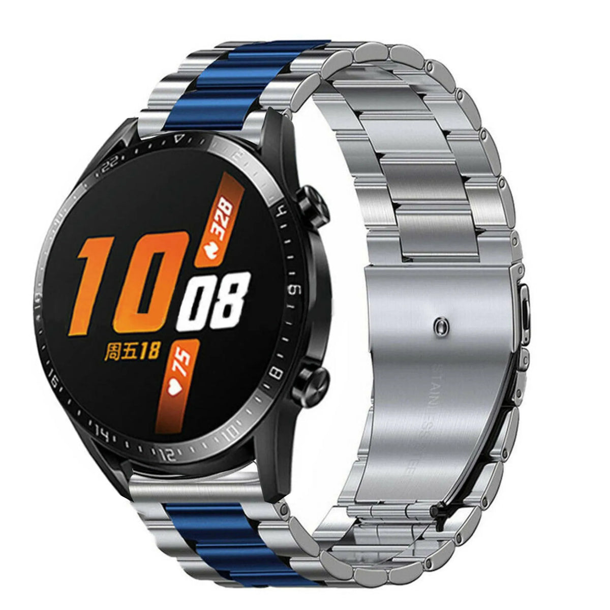 Steel Strap, silver/blue, on a watch, 3/4 front view