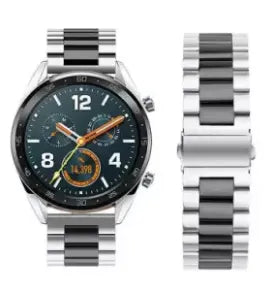 Steel Strap, silver/black, on a watch, 3/4 front view