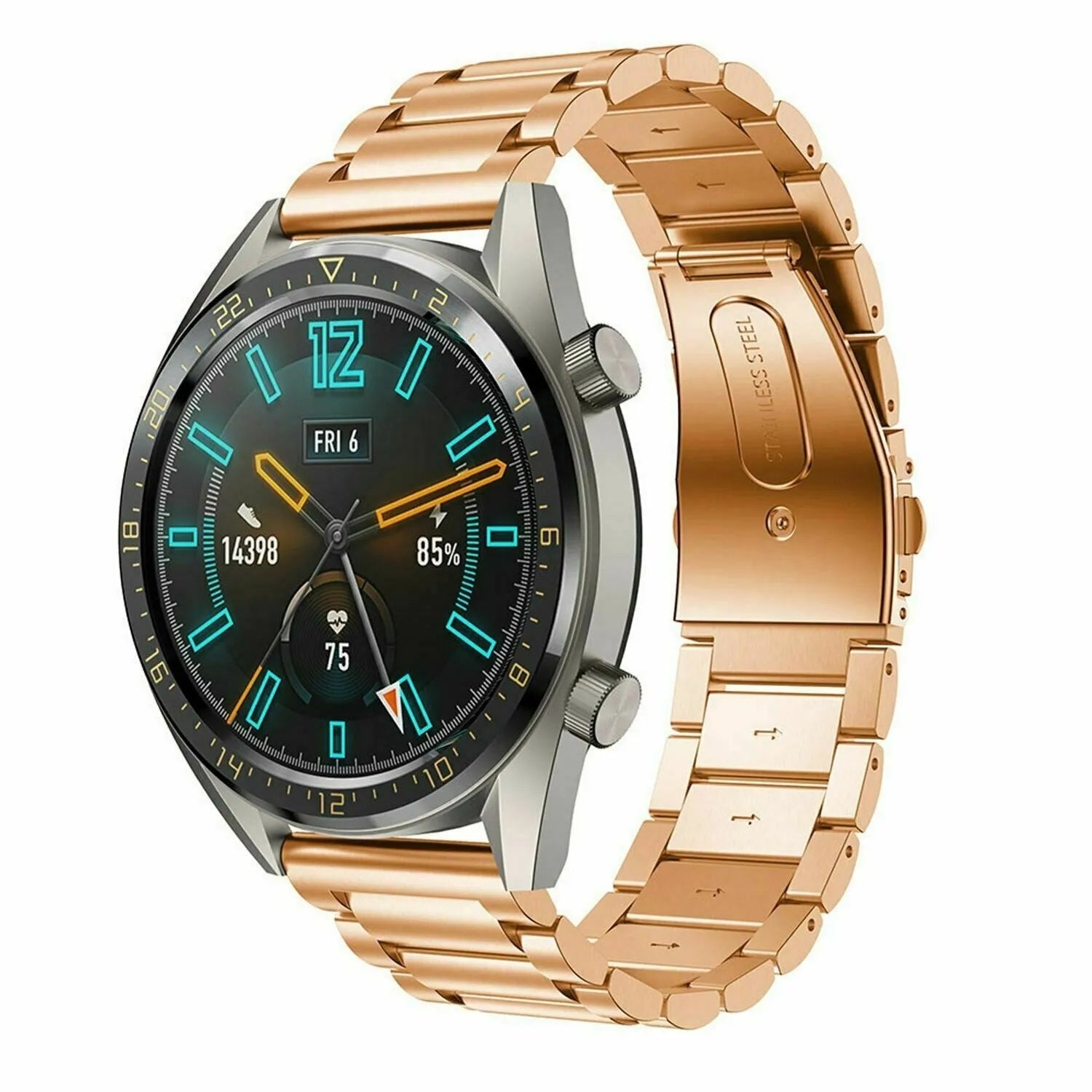 Steel Strap, rose gold, on a watch, 3/4 front view