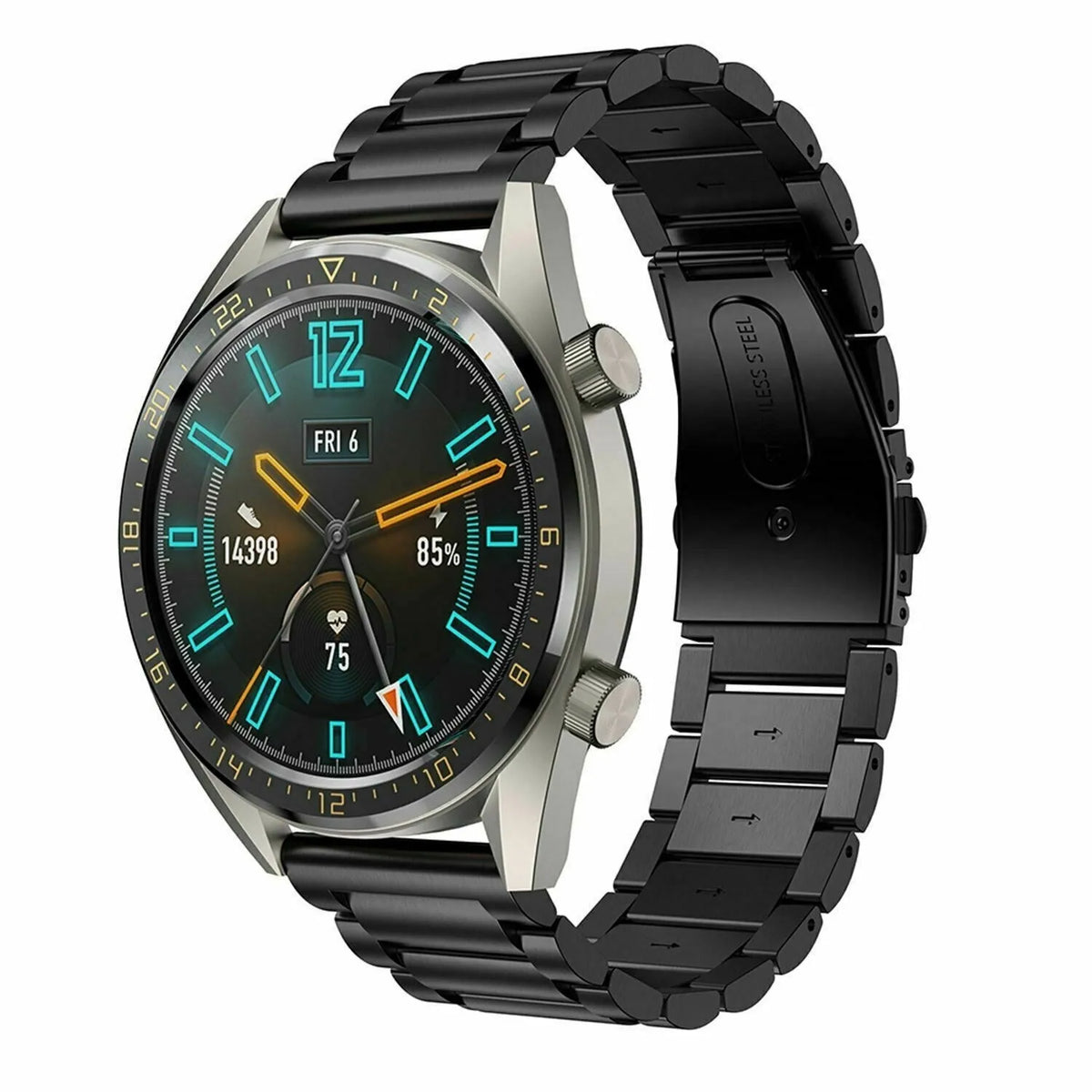 Steel Strap, black, on a watch, 3/4 front view
