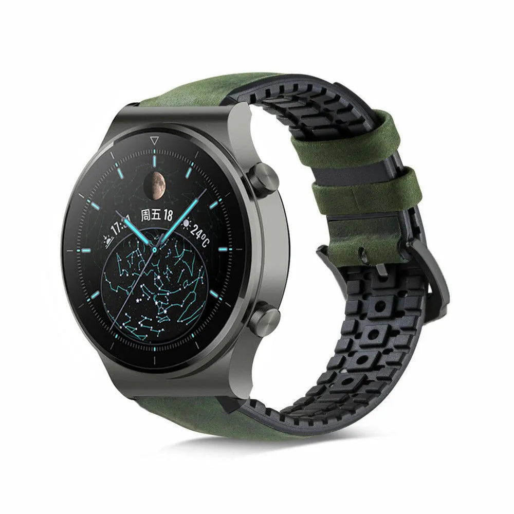 Leather Hybrid Strap, black/green, on a watch, 3/4 front view
