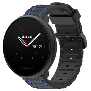 Silicone Strap 'Tough', black/blue, on a watch, 3/4 front view