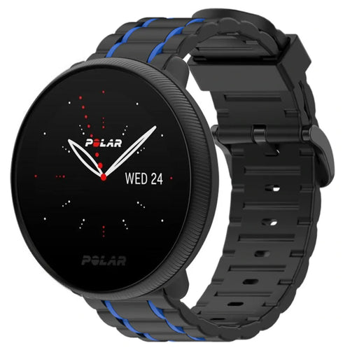Silicone Strap 'Tough', black/blue, on a watch, 3/4 front view