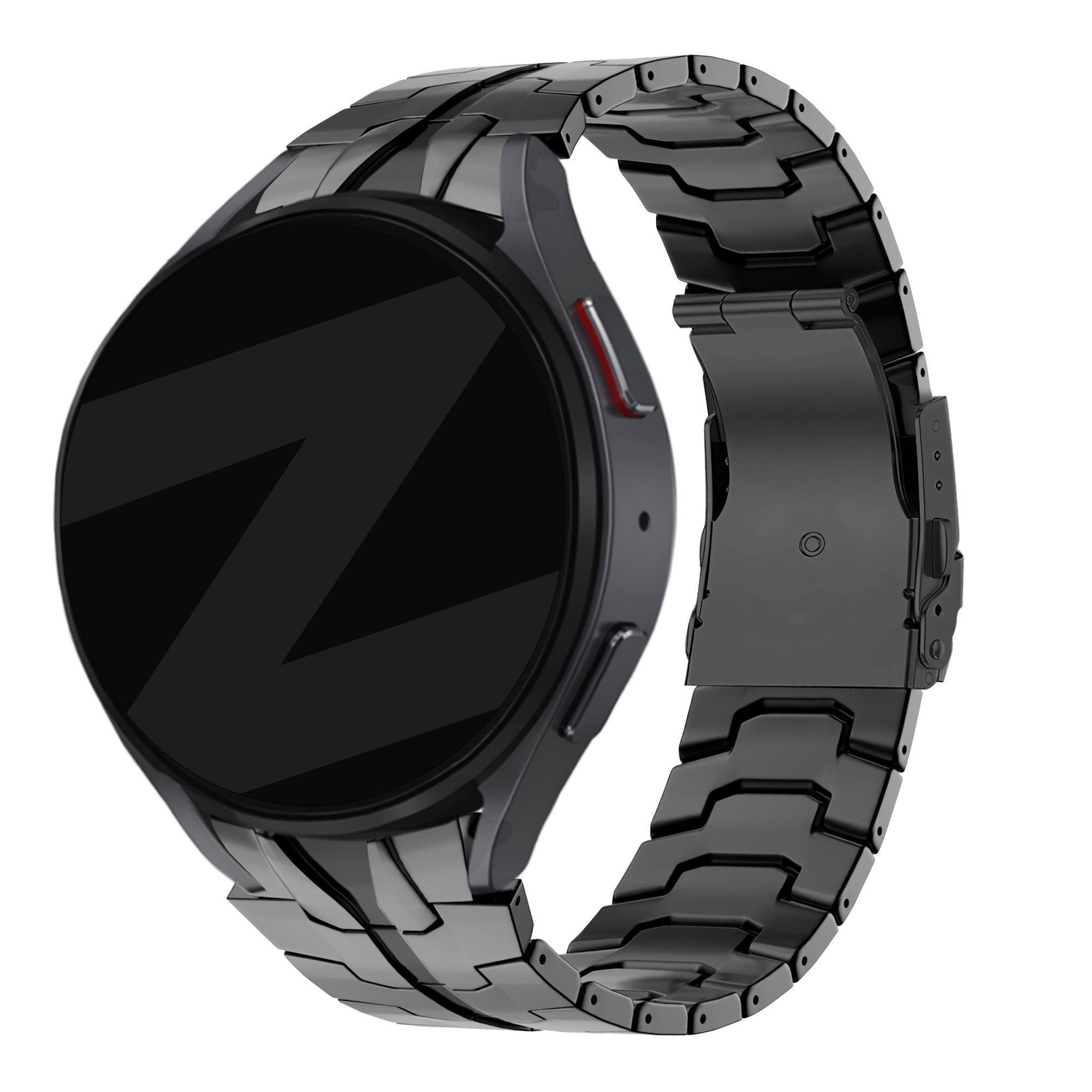 Steel Strap 'Iron', black, on a watch, 3/4 front view