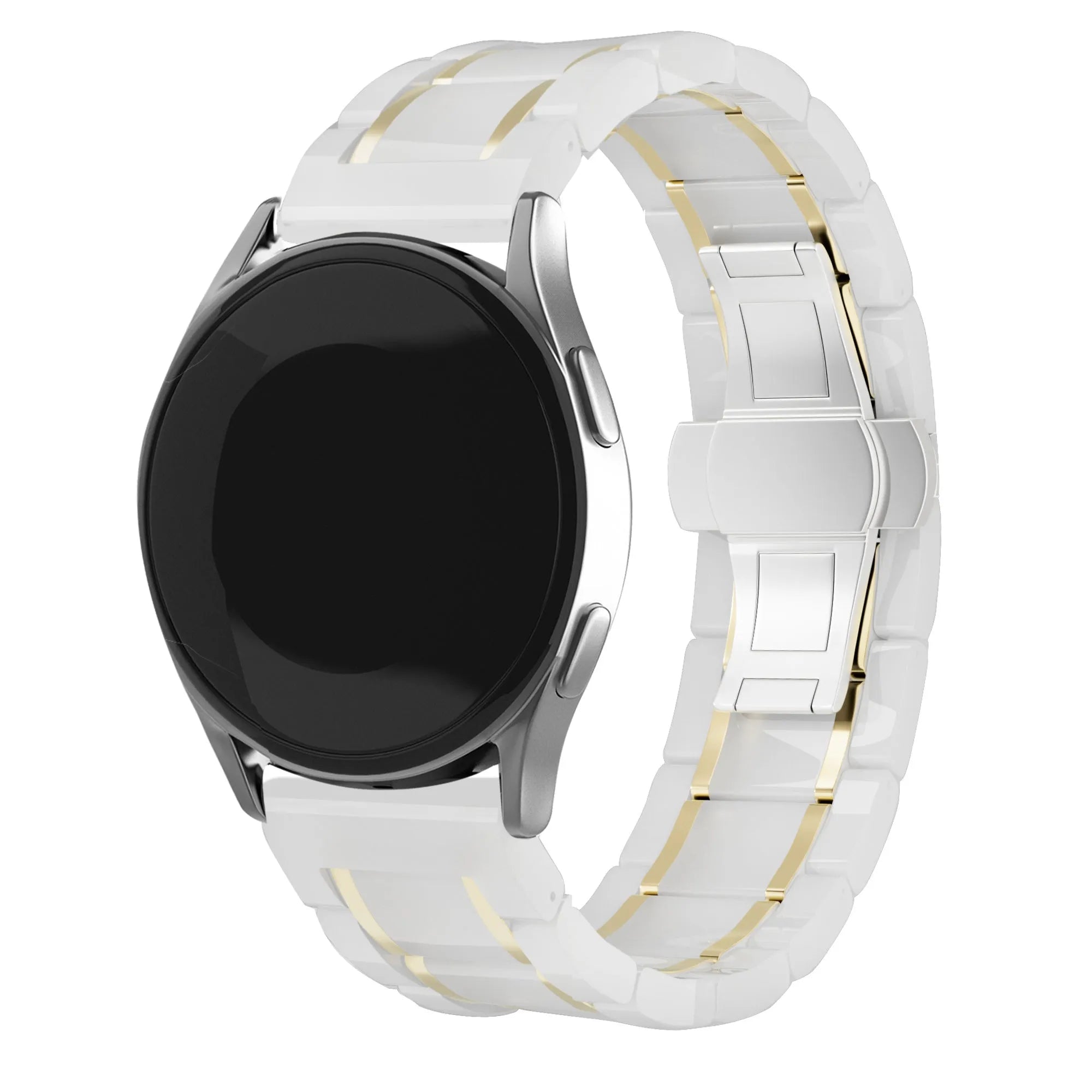 Metal Ceramic Link Strap, white/gold, on a watch, 3/4 front view