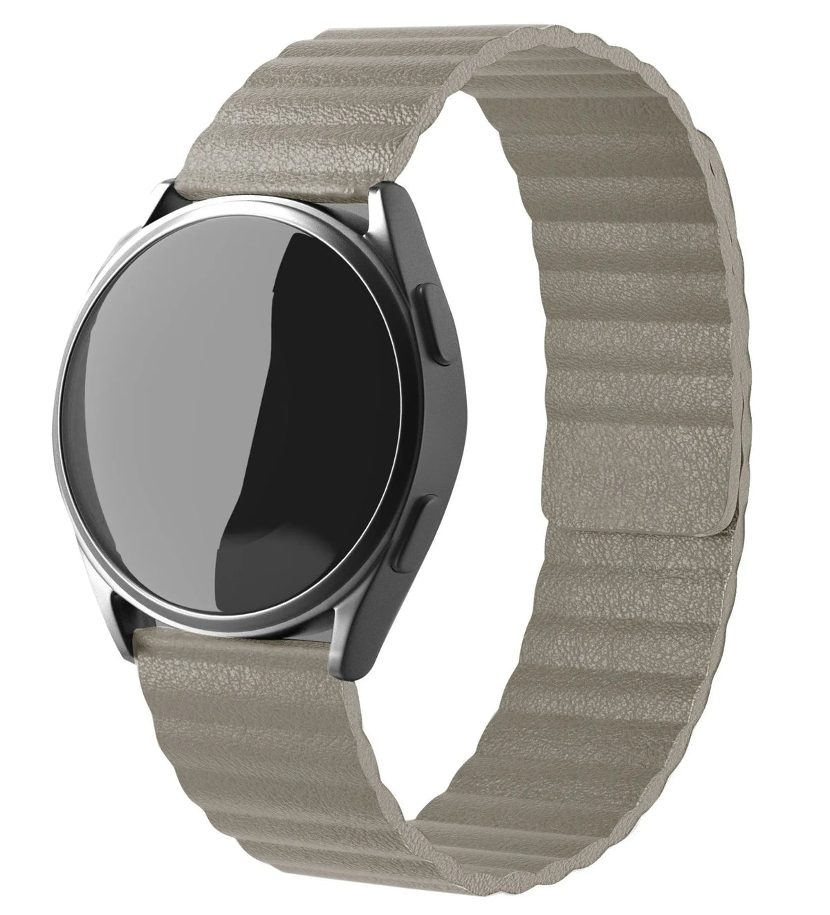 Leather Loop Strap, khaki, on a watch, 3/4 front view