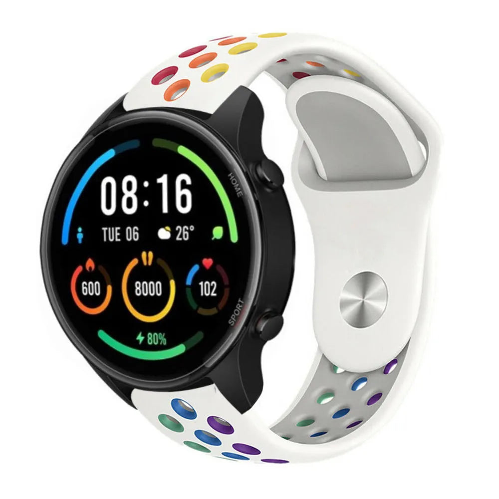 Silicone Sport Strap, white/colourful, on a watch, 3/4 front view