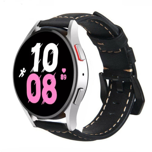 Leather Strap, black, on a watch, 3/4 front view