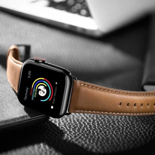 Leather Strap, brown, on a watch, 3/4 front view