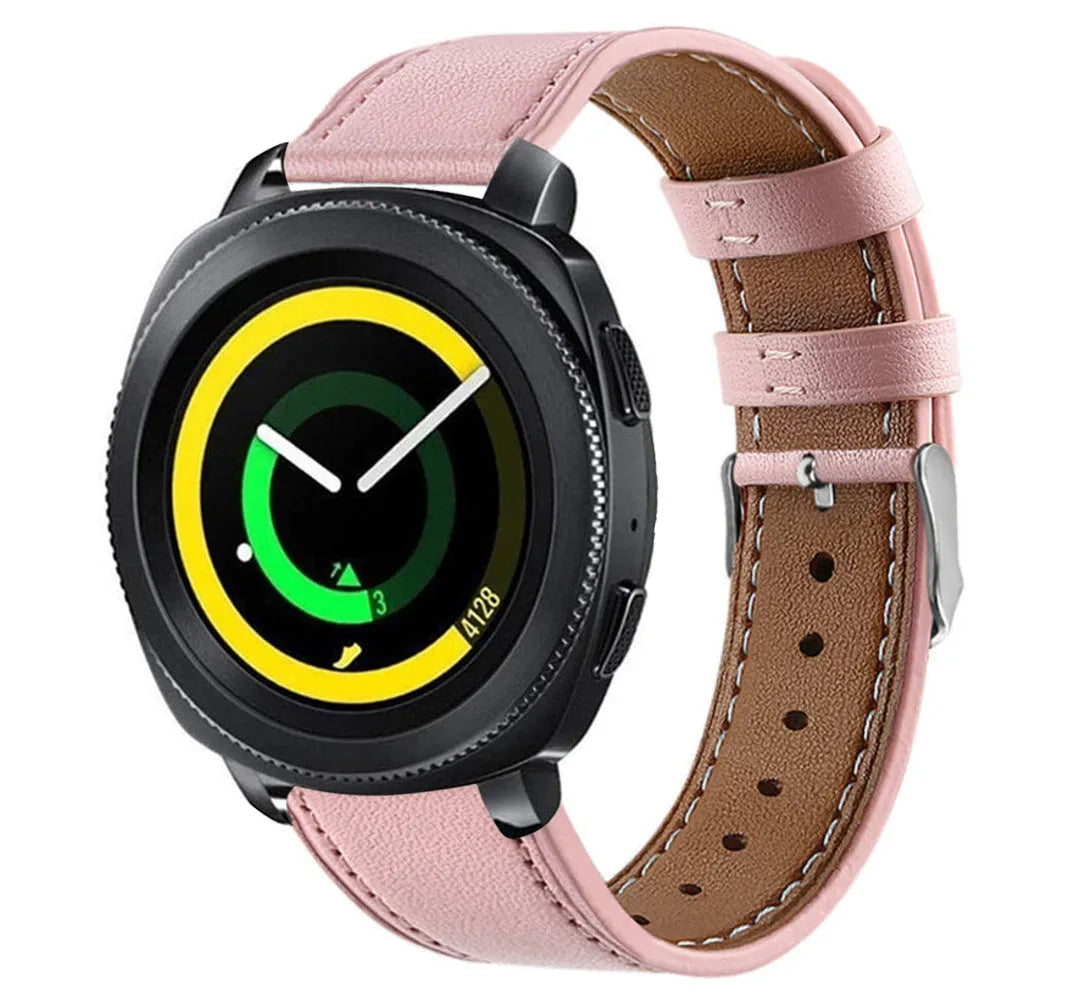 Modern Leather Strap, pink, on a watch, 3/4 front view