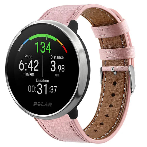 Modern Leather Strap, pink, on a watch, 3/4 front view