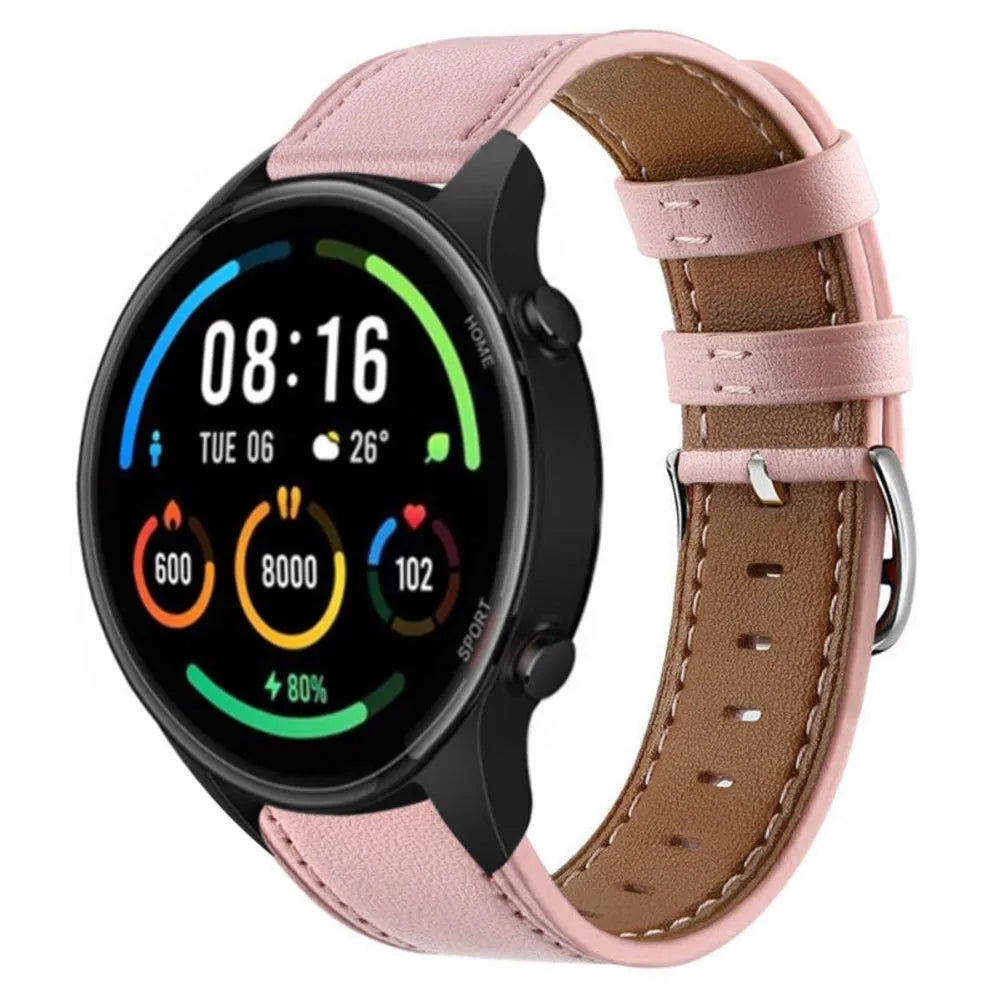 Modern Leather Strap, pink, on a watch, 3/4 front view