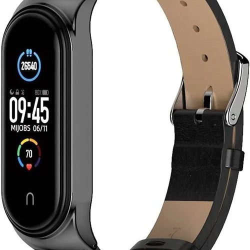 Modern Leather Strap, black, on a watch, 3/4 front view