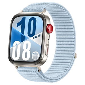 Wave Nylon Strap, light blue, on a watch, 3/4 front view