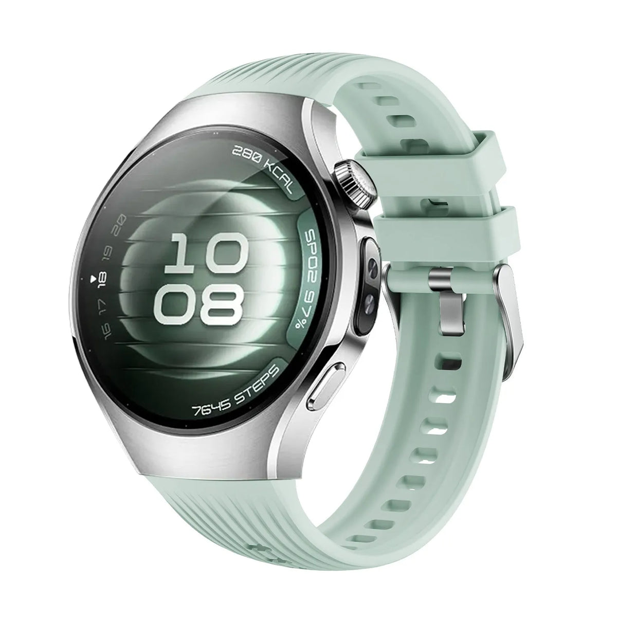 Silicone Strap Perfect Fit, light green, on a watch, 3/4 front view