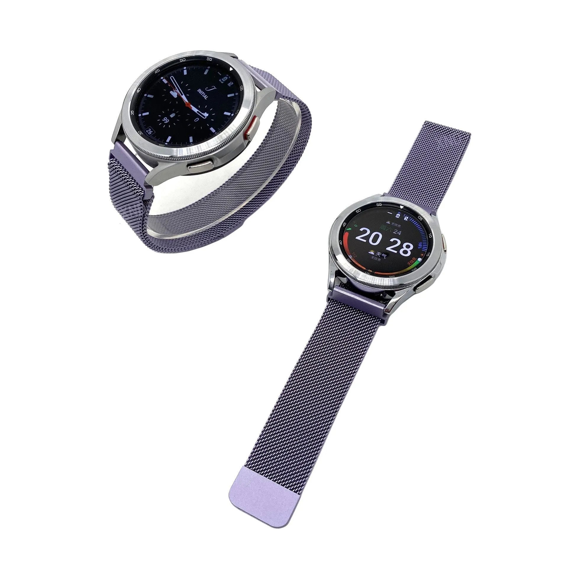 Milanese Strap, light purple, on a watch, 3/4 front view