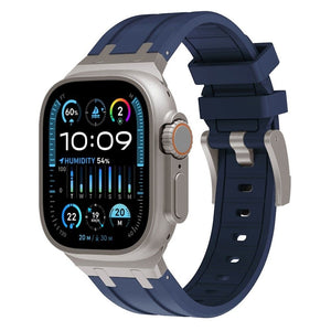 Luxury Liquid Silicone Strap, blue with titanium, on a watch, 3/4 front view