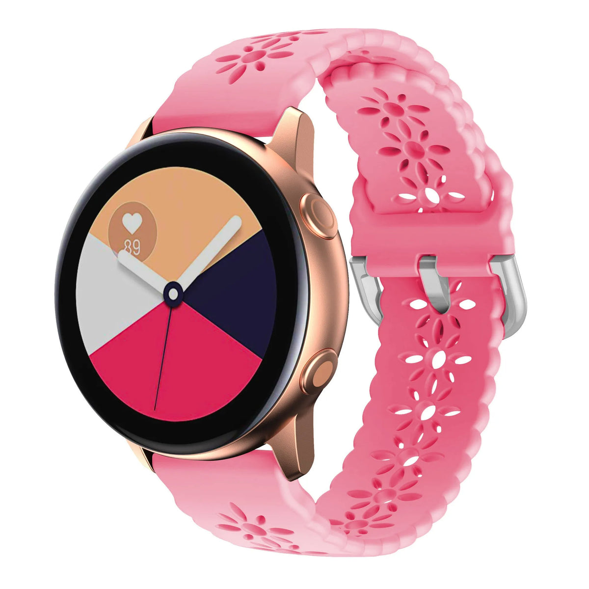 Patterned Silicone Strap, bright pink, on a watch, 3/4 front view
