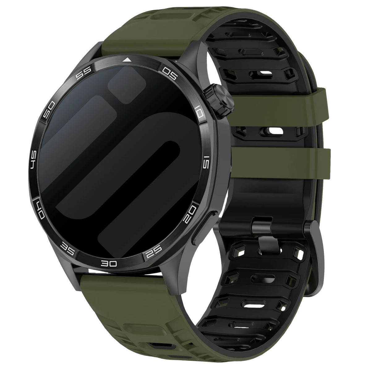 Silicone Mecha Sport Strap, army green/black, on a watch, 3/4 front view