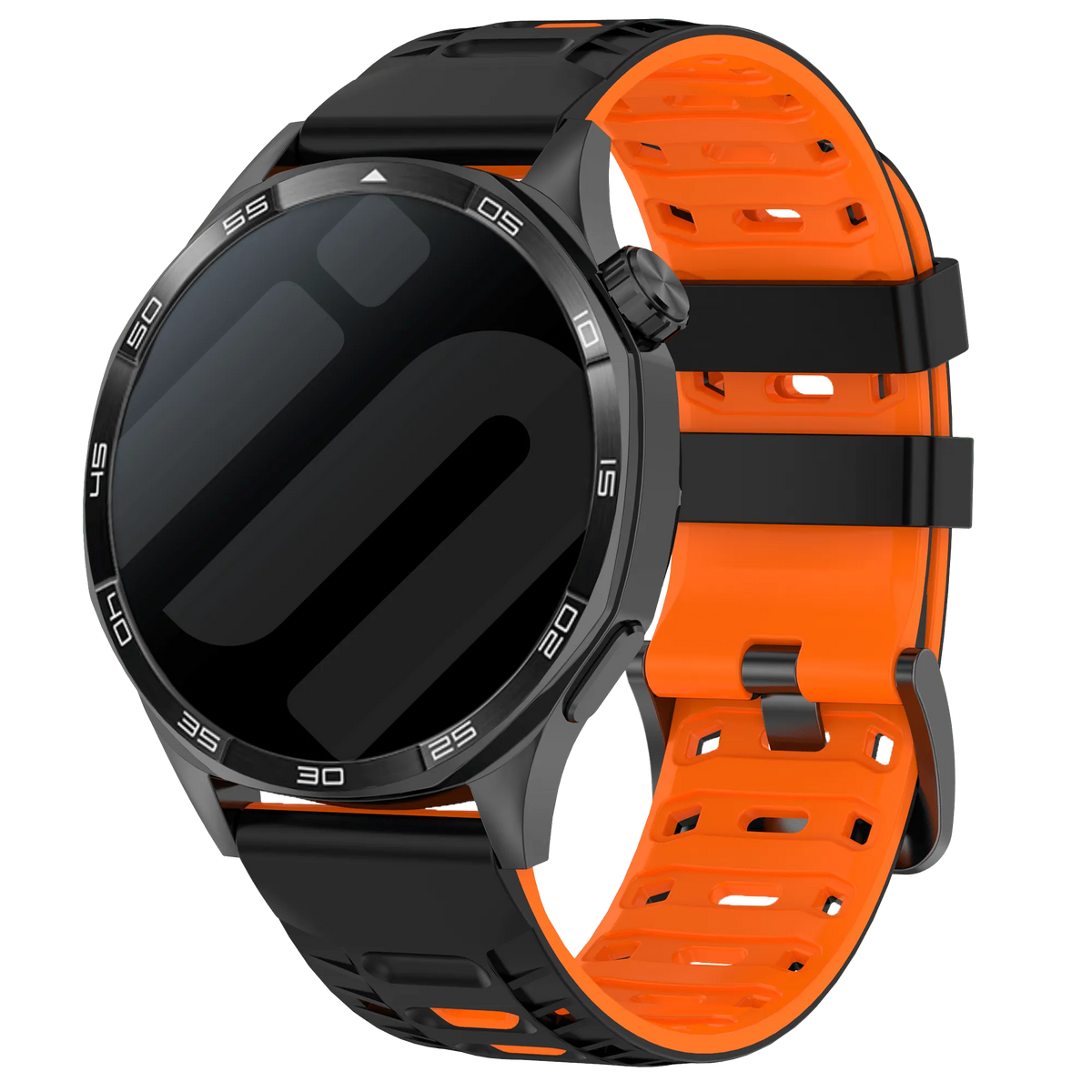 Silicone Mecha Sport Strap, black/orange, on a watch, 3/4 front view
