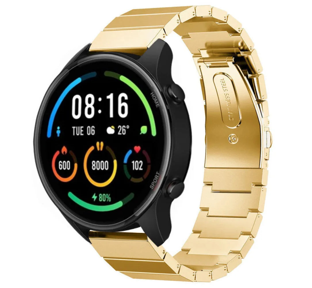 Premium Metal Strap, gold, on a watch, 3/4 front view